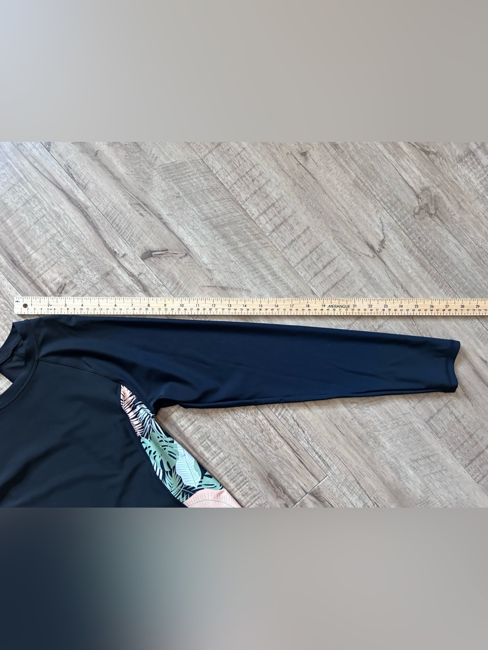 Black Long Sleeve One-Piece Swimsuit with Tropical Side Panels scoop back modest - Picture 2 of 8